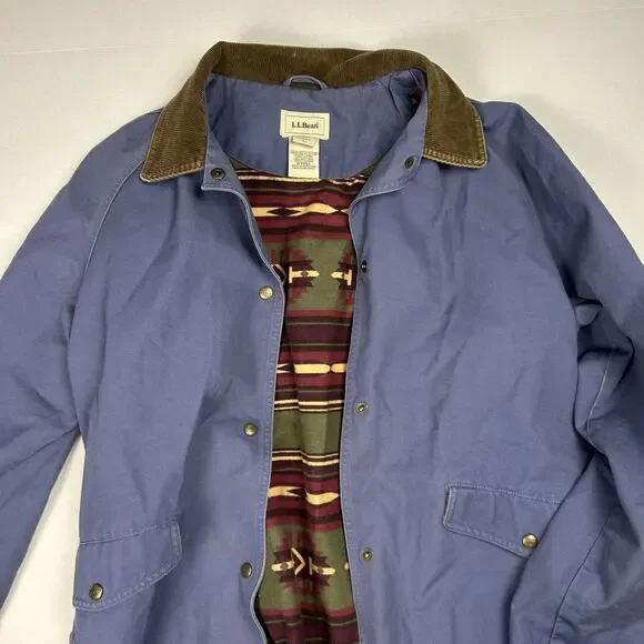 LL Bean Chore Duster Coat Womens Large Blue Canvas Barn Jacket Aztec Lined - Picture 7 of 14